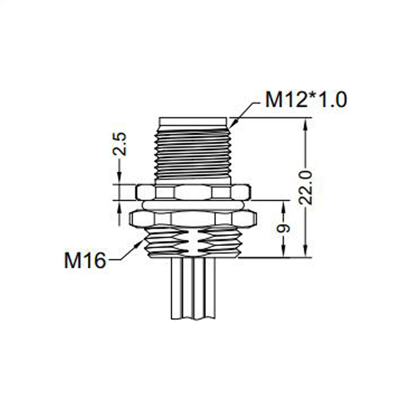 M12 5pins A code male straight rear panel mount connector M16 thread,unshielded,single wires,brass with nickel plated shell